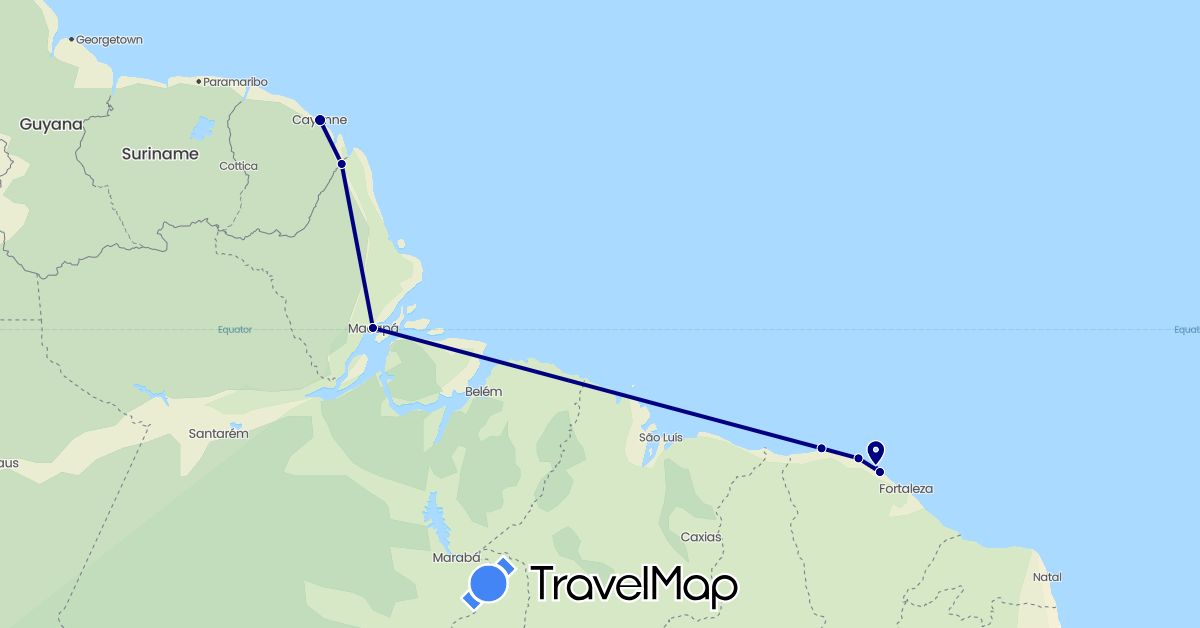 TravelMap itinerary: driving in Brazil, French Guiana (South America)